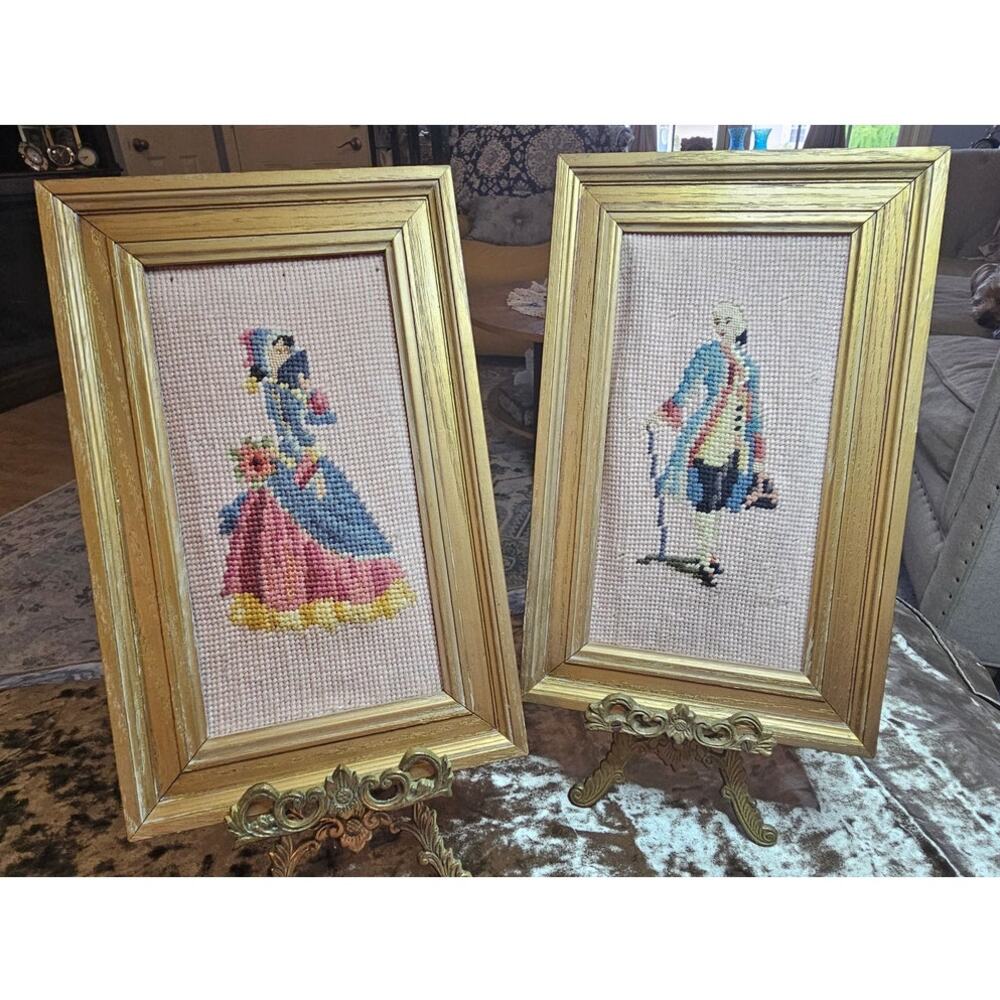 Vintage Framed Needlepoint Pair: Colonial Man and Woman Courting Duo, Art